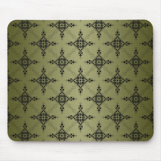 Olive Green und Black Damask Muster Mousepad (Vorne)