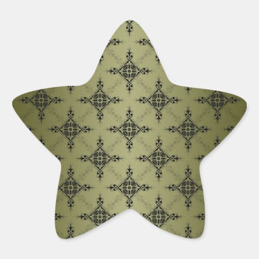 Olive Green und Black Damask Muster Stern-Aufkleber (Vorderseite)