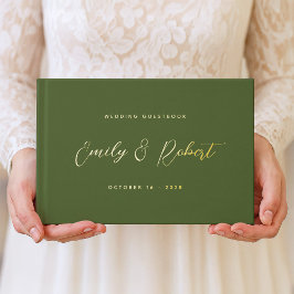 Olive Green und Gold Elegante Script Wedding Gästebuch