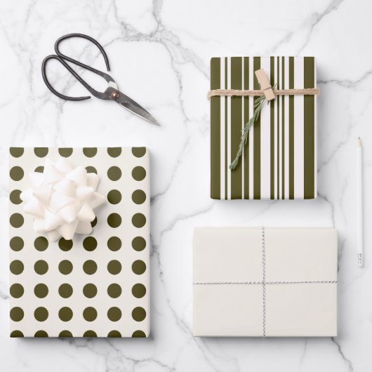 Olive Green und Old Lace Polka Punkte und Streifen Geschenkpapier Set (Vorderseite)