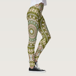 Olive Green und Pastel Mandala Muster Leggings