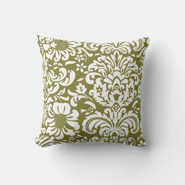 Olive Green und White Floral Damask Kissen (Vorderseite)