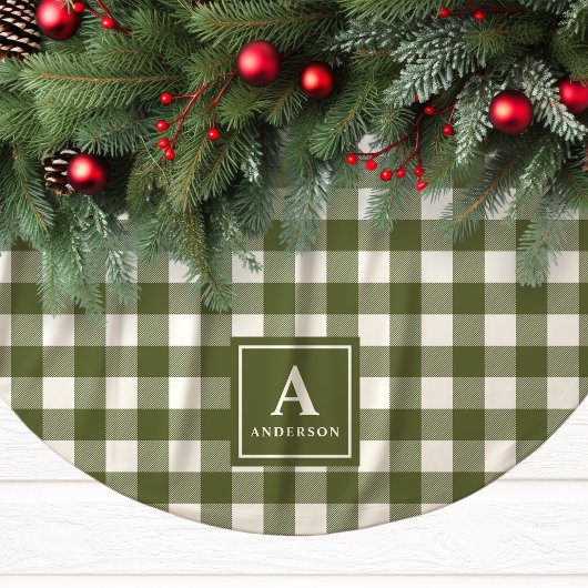 Olive Green und White Gingham Kariert Monogram Polyester Weihnachtsbaumdecke