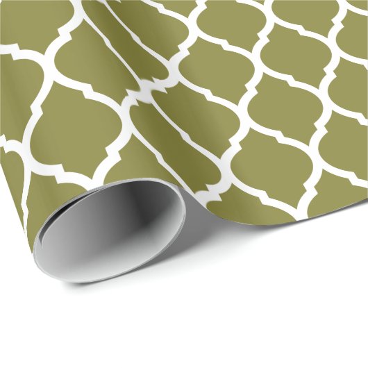 Olive Green und White marokkanische Quatrefolie Geschenkpapier (Rolleneckpunkt)