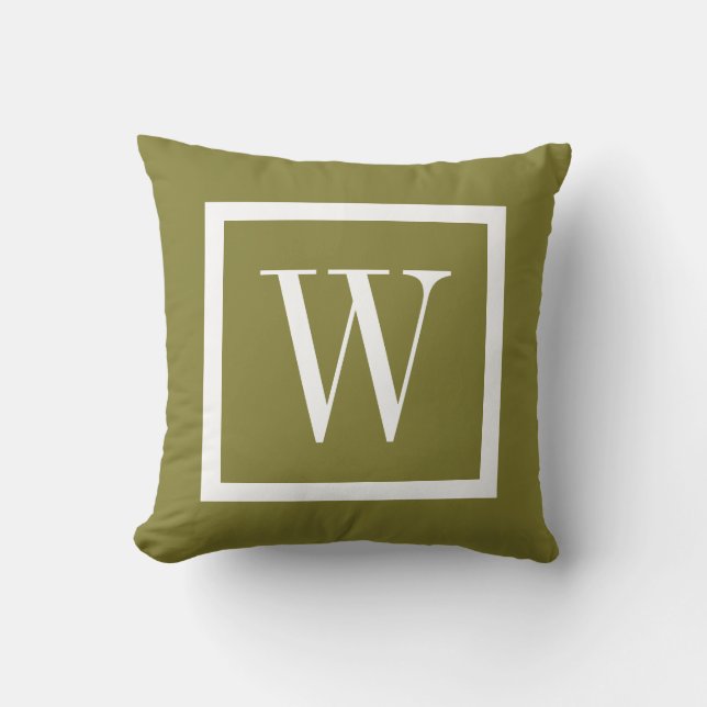 Olive Green und White Preppy Square Monogram Kissen (Vorderseite)