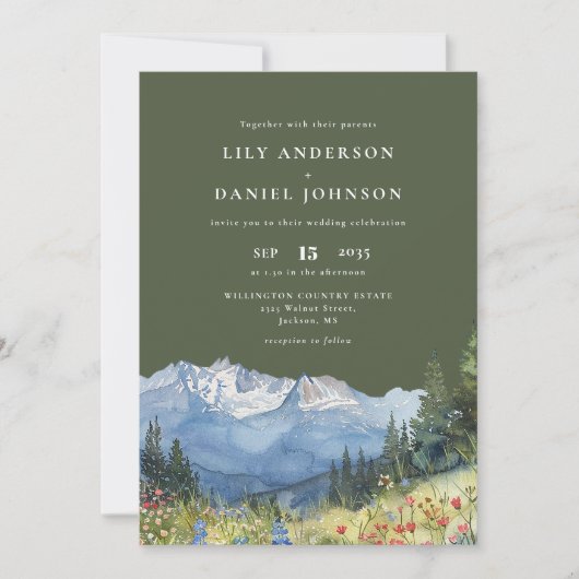 Olive Green Watercolor Mountain Wildflower Wedding Einladung (Vorderseite)