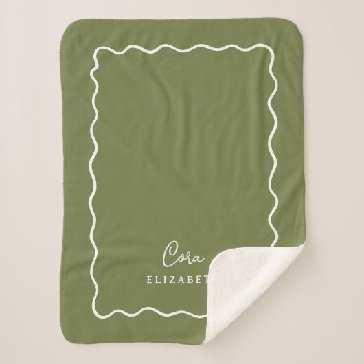 Olive Green Wavy Border Mit Monogramm Sherpadecke (Vorderseite)
