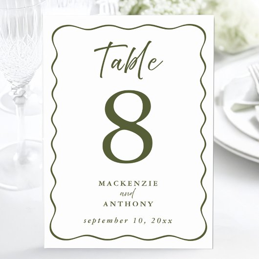 Olive Green Wavy Frame Wedding Modern Script Tischnummer