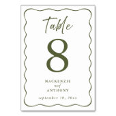 Olive Green Wavy Frame Wedding Modern Script Tischnummer (Vorderseite)