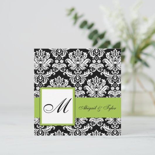 Olive Green Wedding Monogram Damask Einladung (Stehend Vorderseite)