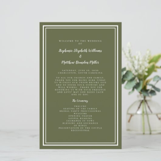Olive Green Wedding Script Budget Zeremonie Progra (Stehend Vorderseite)