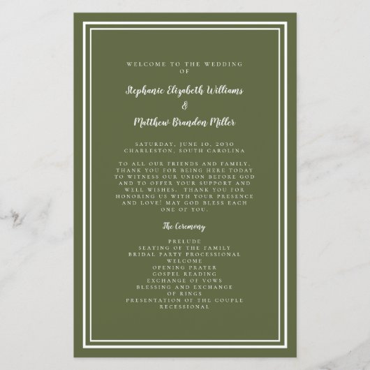 Olive Green Wedding Script Budget Zeremonie Progra (Vorderseite)