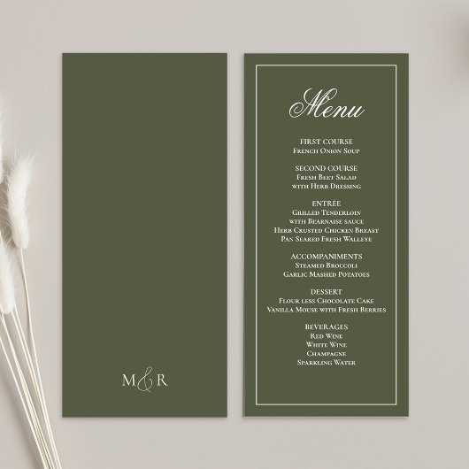 Olive Green Wedding Script Dinner Menü Menükarte