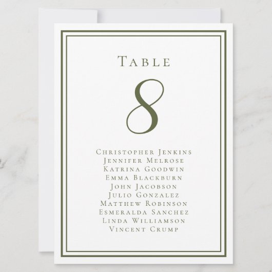 Olive Green Wedding Seating Guest Tischnummer (Vorderseite)