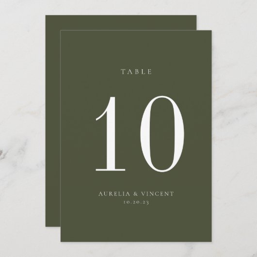 Olive Green Wedding Tischnummer Card (Vorne/Hinten)