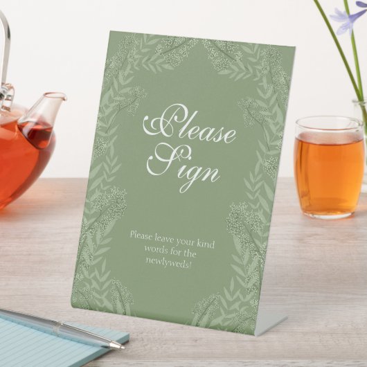 Olive Green Wedding Vintag Botanical Guest Book Sockelschild (In Situ)