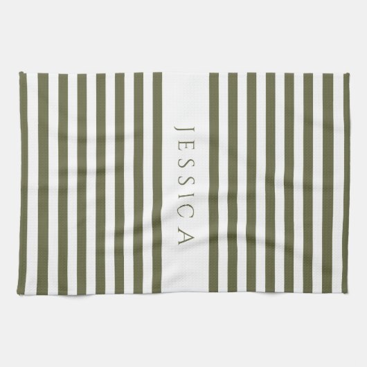 Olive Green & White Farmhouse Gestreiftes Muster Geschirrtuch (Horizontal)