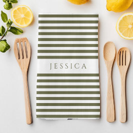 Olive Green & White Farmhouse Gestreiftes Muster Geschirrtuch