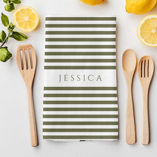 Olive Green & White Farmhouse Gestreiftes Muster Geschirrtuch