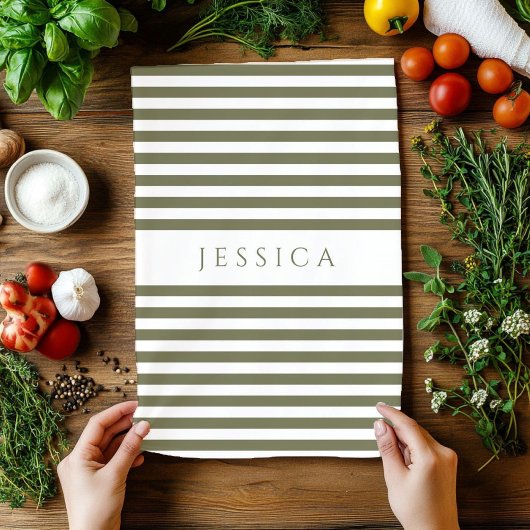 Olive Green & White Farmhouse Gestreiftes Muster Geschirrtuch