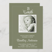 Olive Green White Frame Monogram Baby Ankündigung (Vorne/Hinten)