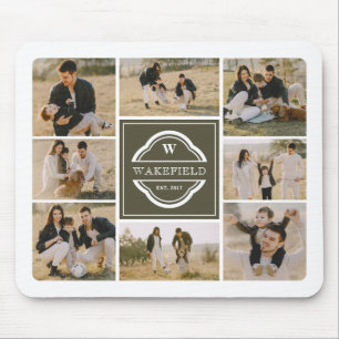 Olive Green White Monogram & Year Foto Collage Mousepad