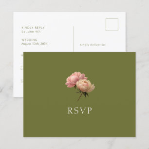 Olive Green & White   Rose Wedding RSVP Postcard Postkarte