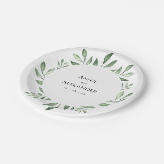 Olive Greenery Botanische Wasserfarbe Pappteller (Schrägansicht)