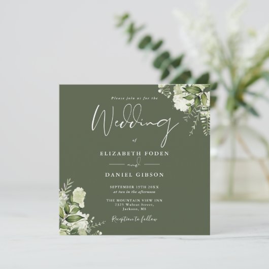 Olive Greenery Floral Monogram Square Wedding Einladung (Stehend Vorderseite)