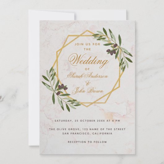 Olive Greenery Gold Botanical Geometric Wedding Einladung (Vorderseite)