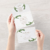 Olive Greenery Gold Confetti Monogram Wedding All In One Einladung (Abreißtisch)