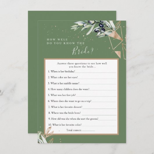 Olive Greenery Wer die Bride Best Game Card kennt Einladung (Vorne/Hinten)
