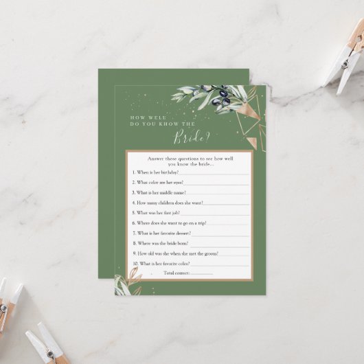 Olive Greenery Wer die Bride Best Game Card kennt Einladung (Vorderseite/Rückseite Beispiel)