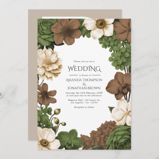 Olive Grove, Figwood Brown & Warm Linen Wedding Einladung (Vorne/Hinten)