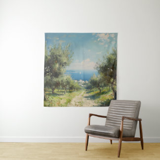 Olive Grove with Coastal Village and Sea Wandteppich