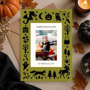 Olive-Grün-Folk-Art-Halloween-Personalized Feiertagskarte