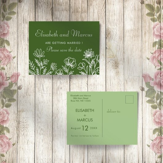 Olive-grüne Blumenhochzeit speichern Sie die Datte Postkarte