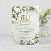 Olive grüne goldene Rahmen weiß Rose 50. Geburtsta Einladung (Stehend Vorderseite)