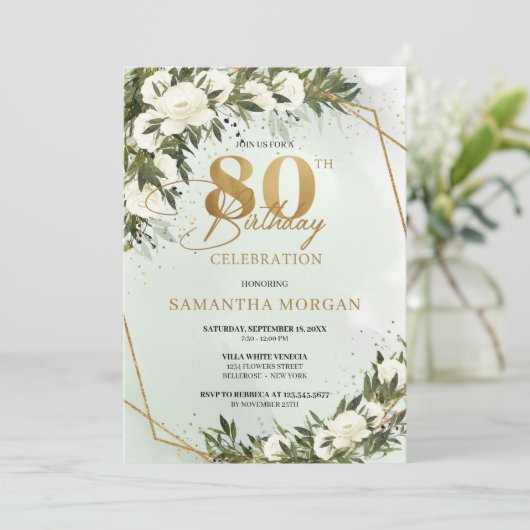 Olive grüne goldene Rahmen weiße Rose 80. Geburtst Einladung (Stehend Vorderseite)