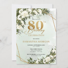 Olive grüne goldene Rahmen weiße Rose 80. Geburtst Einladung