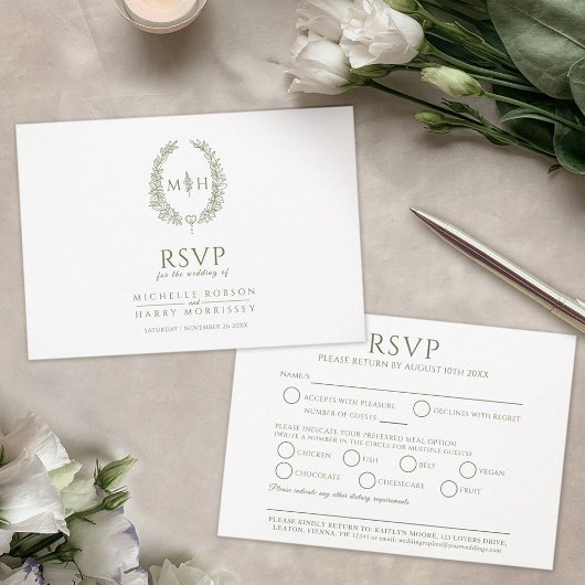 Olive-grüne Oval-Blatt-Monogramm-UAWG Hochzeit RSVP Karte