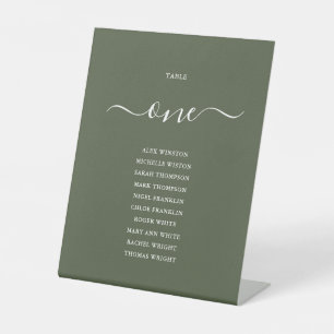 Olive-Grünes Chic-Script-Tischnummer-Sitzplan Sockelschild