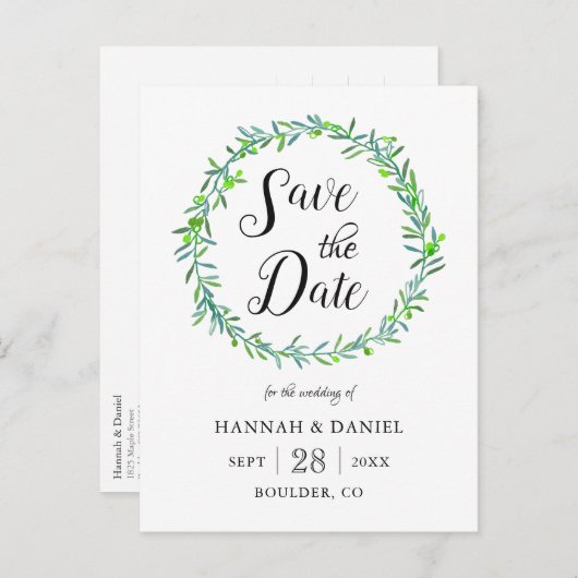 Olive-Kranz-Blätter Hochzeit Speichern Sie das Dat Ankündigungspostkarte (Vorne/Hinten)