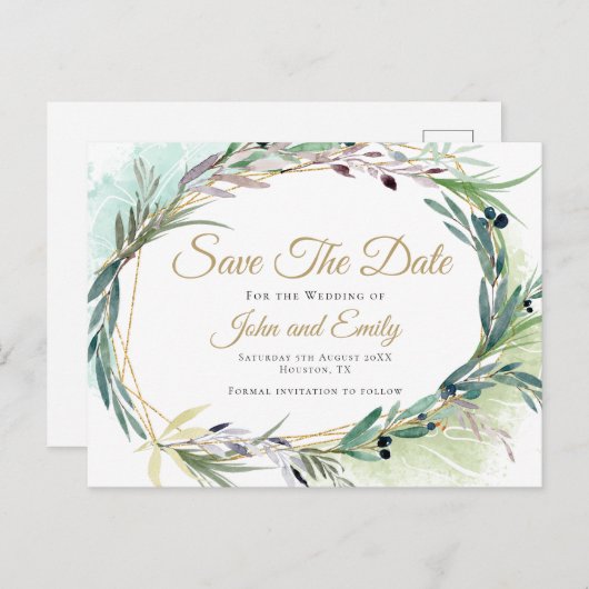 Olive Leaf Wasserfarbrahmen/Save the Date Postkarte (Vorne/Hinten)