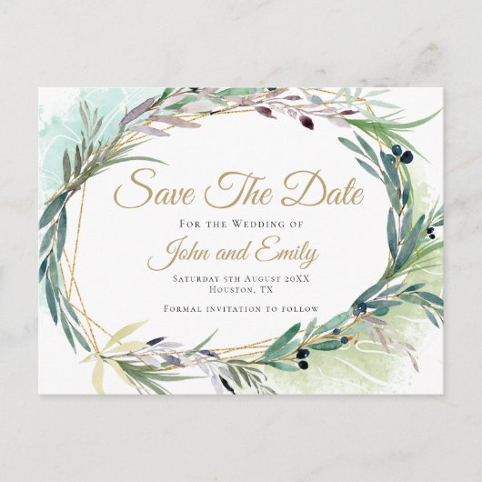 Olive Leaf Wasserfarbrahmen/Save the Date Postkarte (Vorderseite)