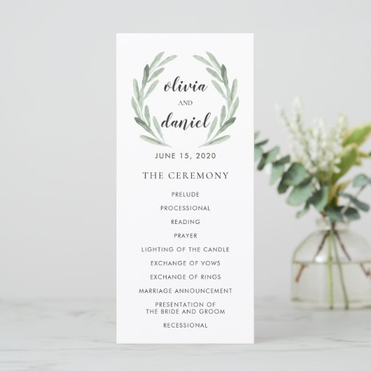 Olive Leaf Wreath Cursive Script Wedding Programm (Stehend Vorderseite)
