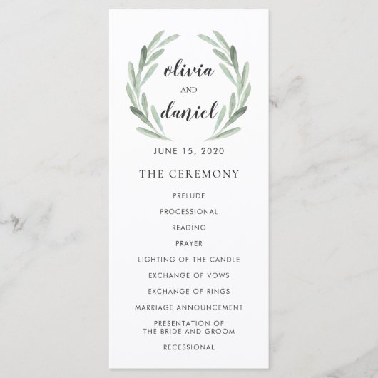 Olive Leaf Wreath Cursive Script Wedding Programm (Vorderseite)