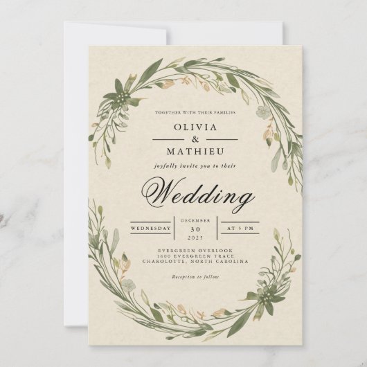 Olive Leaf Wreath Floral Wedding Einladung (Vorderseite)