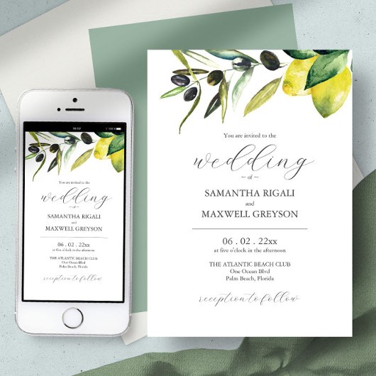 Olive Lemon Wedding Elegante Watercolor Einladung