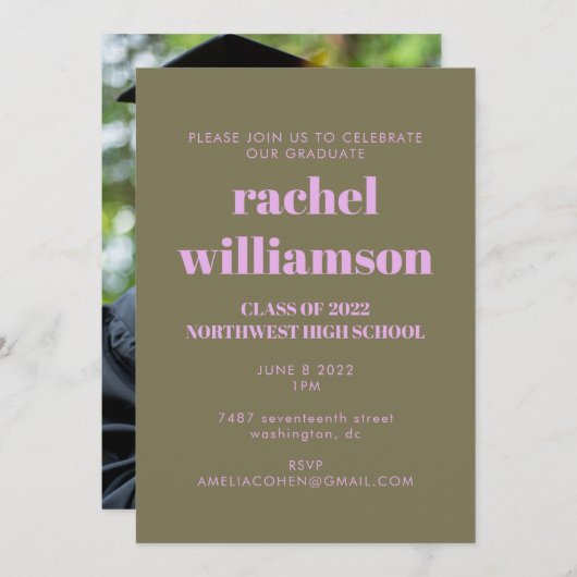 Olive Lilac Class of 2024 Foto Graduation Party Einladung (Vorne/Hinten)